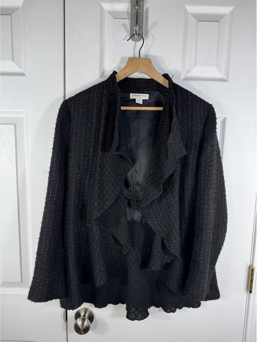 Coldwater Creek Classic Black Textured Ruffle Cardigan Jacket PS (6-8)